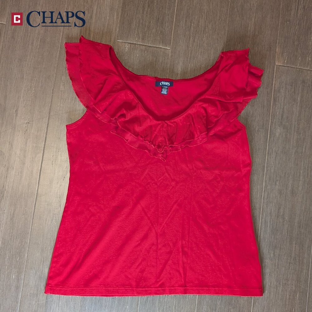Chaps, Ruffled Neckline Sleeveless Top, Red, Sz XL
